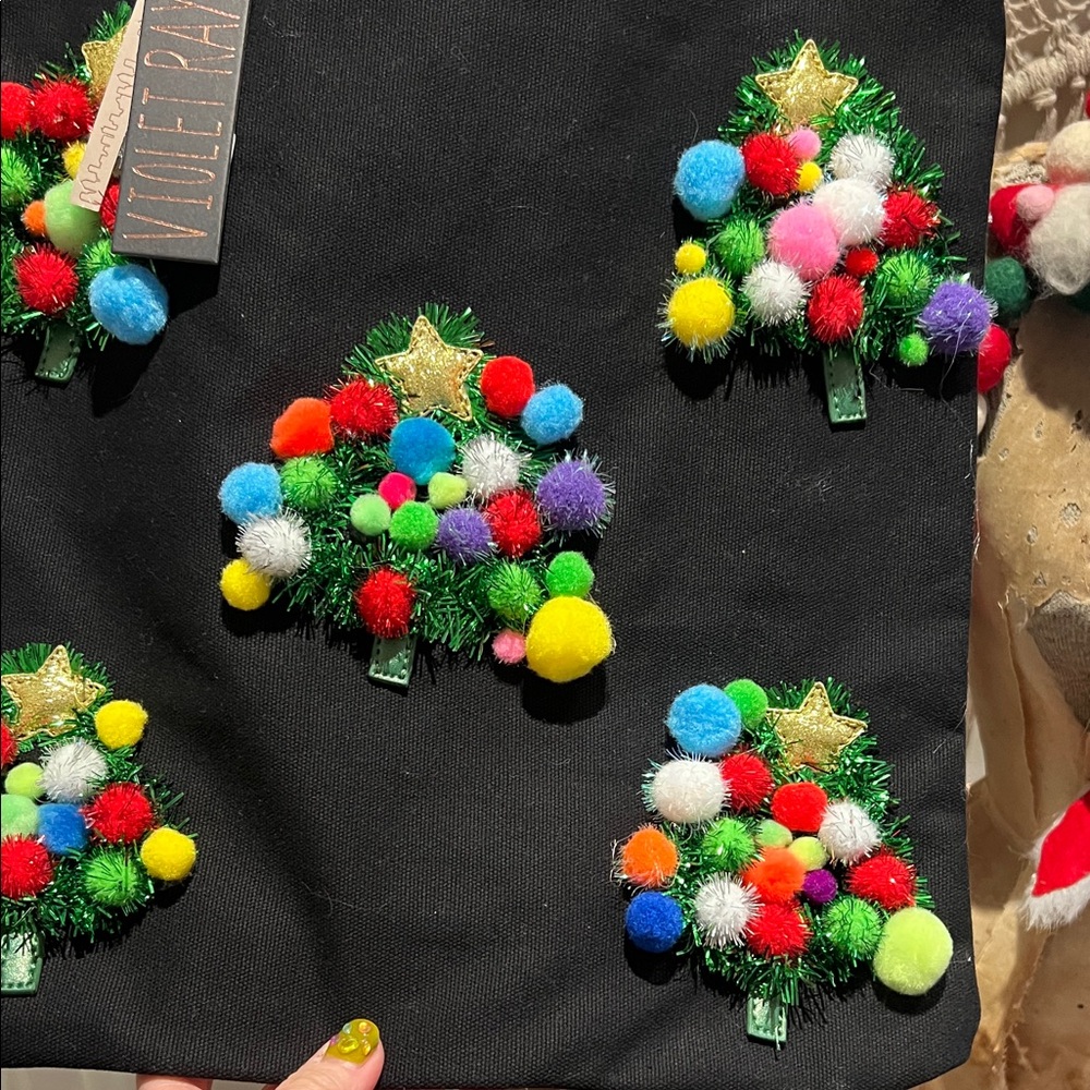 Violet Ray NYC Black Christmas Tote with Colorful Pom-Pom Trees - Picture 2 of 14